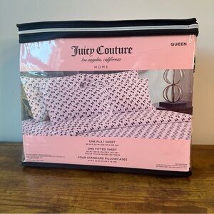 New Juicy Couture Queen Size 6 pc Pink Gold Chain Black Bow  Bedding Sheet Set